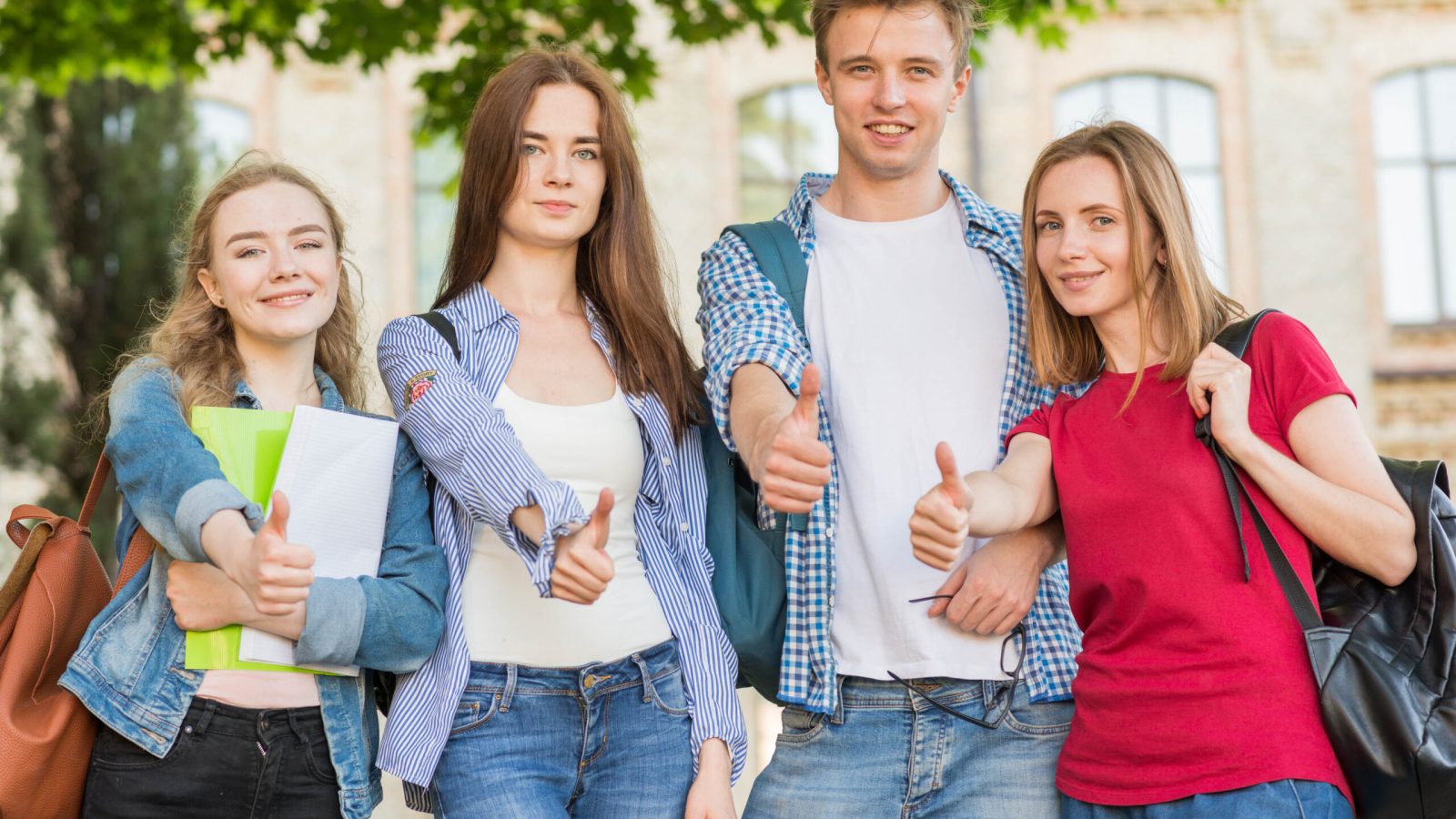 group-young-students-front-school-building